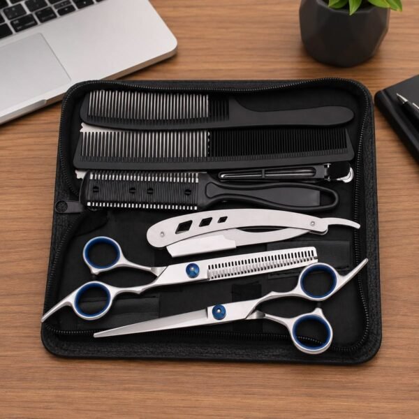 Professional Barber Hair Cutting Shears Set Thinning Scissors Straight Razor Comb Travel Grooming Case